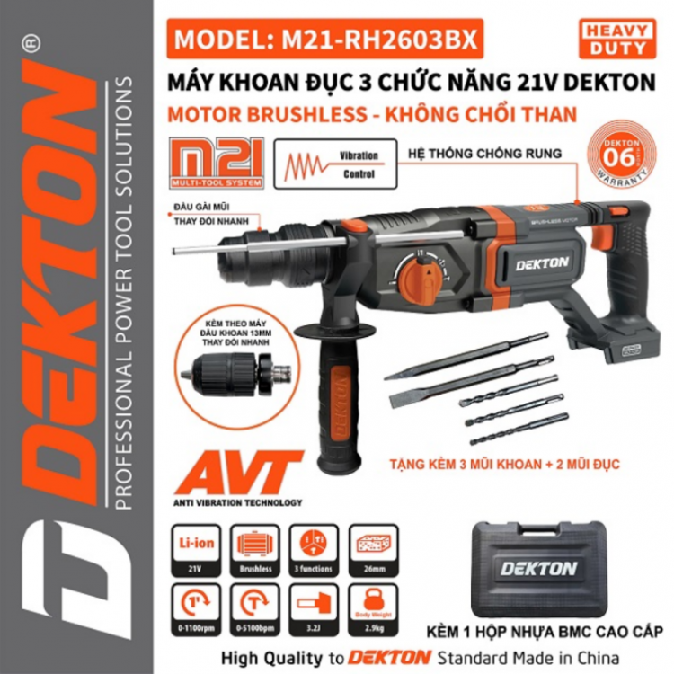 Máy khoan 3 chức năng pin 21V Dekton M21-RH2603BX