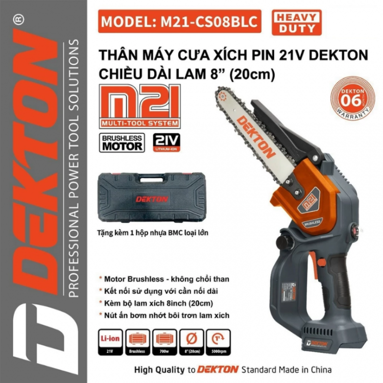 Máy cưa xích dùng pin 21V Dekton M21-CS08BLC