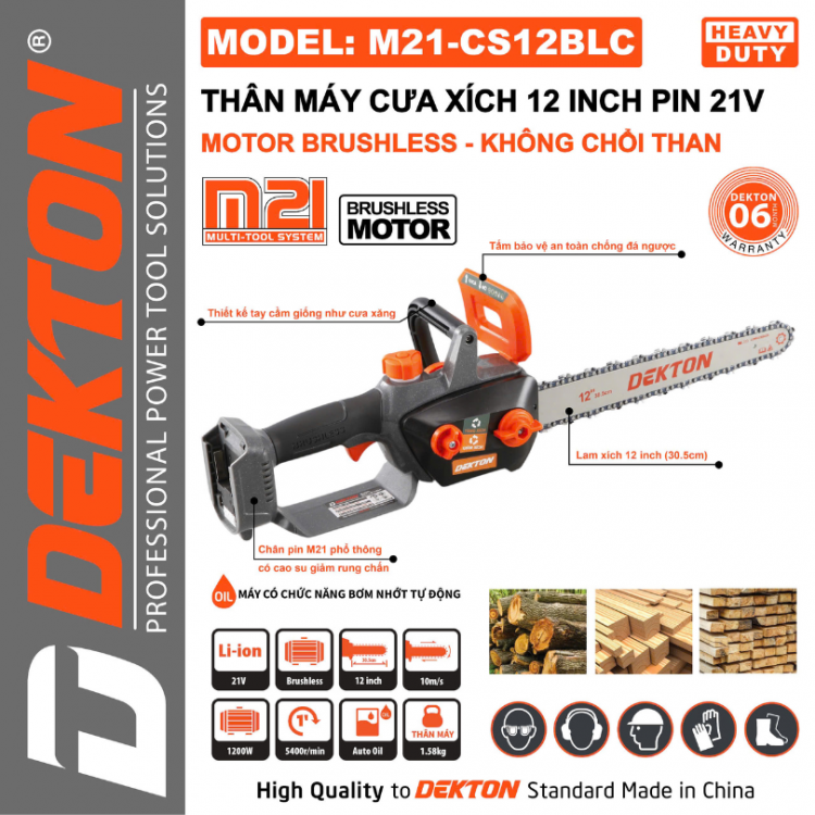 Máy cưa xích dùng pin 21V Dekton M21-CS12BLC 