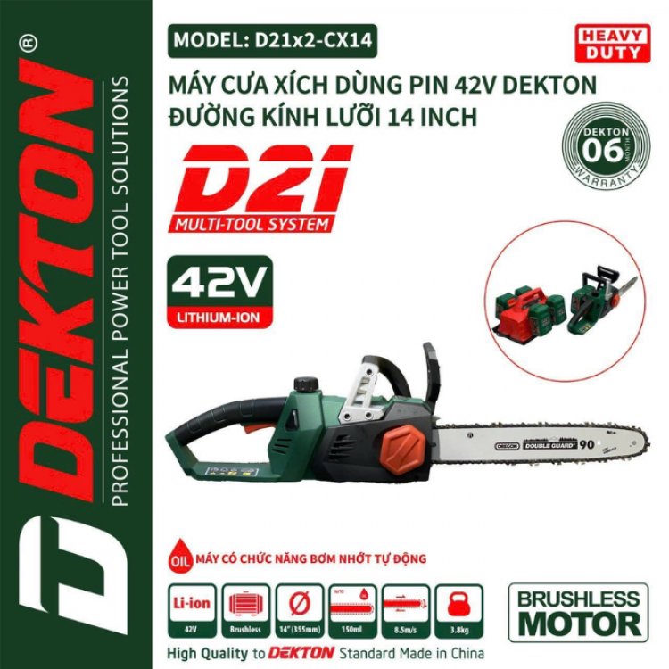 Máy cưa xích dùng pin 42V Dekton D21X2-CX14 (Chưa kèm pin sạc)